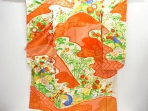 アンティーク　絞り尾長鳥に牡丹模様刺繍振袖